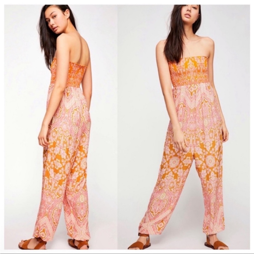 Free People Thinking of You Boho Paisley Print Smocked Strapless Jumpsuit Size M
